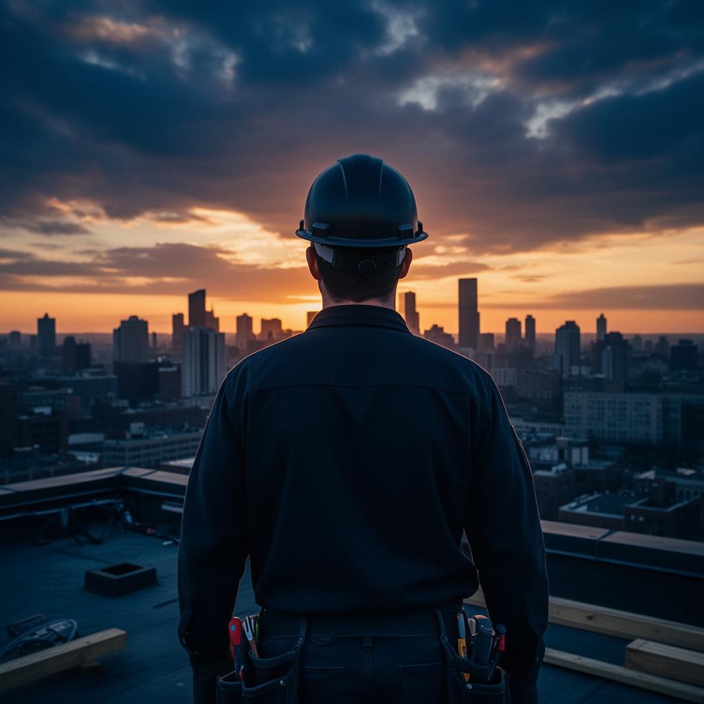 Contractor overlooking city at sunset
